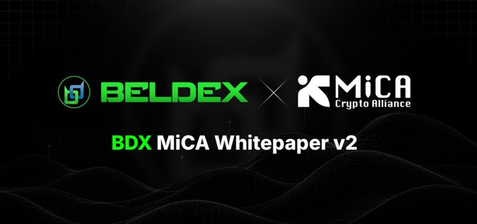 A promotional banner featuring the Beldex and MiCA Crypto Alliance logos alongside the text "BDX MiCA Whitepaper v2" on a dark background, highlighting the release of Beldex's updated compliance-focused whitepaper.
