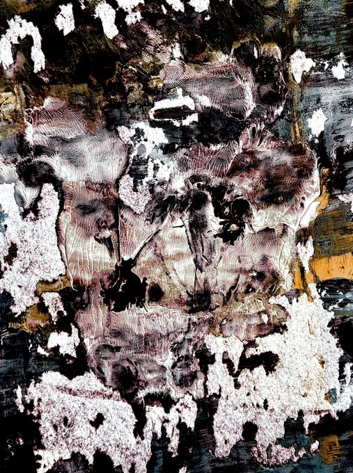 This abstract mixed-media artwork, titled "Epistemophile," features a haunting, textured composition of dark purples, blacks, and stark whites that evoke a skull-like or fractured visage emerging from chaotic, crystalline patterns. The piece's accompanying quote about an insatiable need to know and question everything visually echoes the dissolution and fragmentation depicted—suggesting a mind overwhelmed by its own relentless pursuit of knowledge.