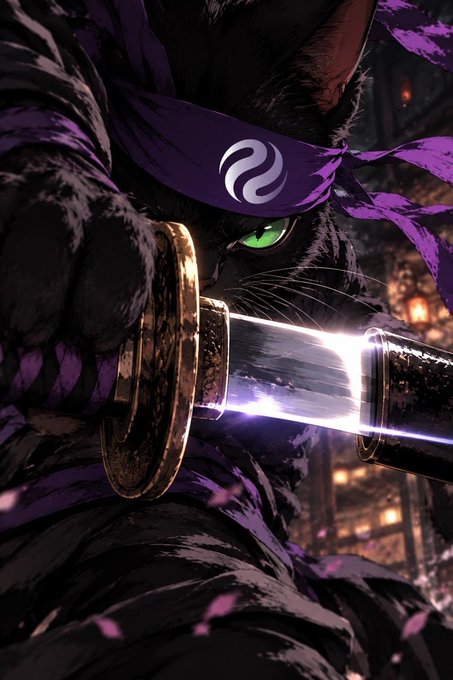 A stylized illustration of a black cat wearing a purple bandana with the Injective logo, gripping a katana with a glowing blade.