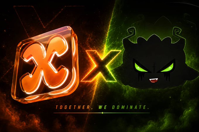 A stylized promotional image showing an orange 'X' logo next to a dark horned creature with glowing green eyes, with the text 'TOGETHER, WE DOMINATE.' against a fiery background.