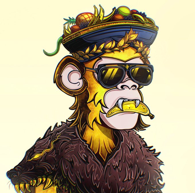 A stylized illustration of a golden monkey wearing sunglasses, a fur coat, and a fruit-laden crown while holding a banana in its mouth.