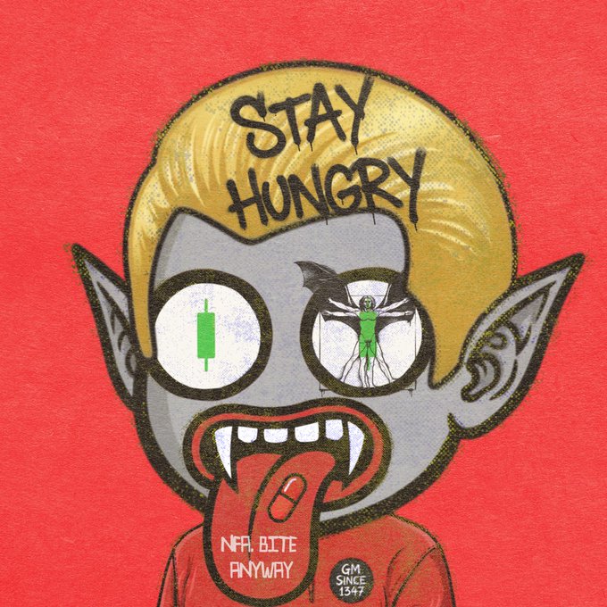 An illustration of a grey-skinned, blonde-haired vampire character with a long tongue wearing a shirt that says 'NFA, BITE ANYWAY', with 'STAY HUNGRY' tattooed on their forehead and financial candlestick/Vitruvian Man images in their eyes.
