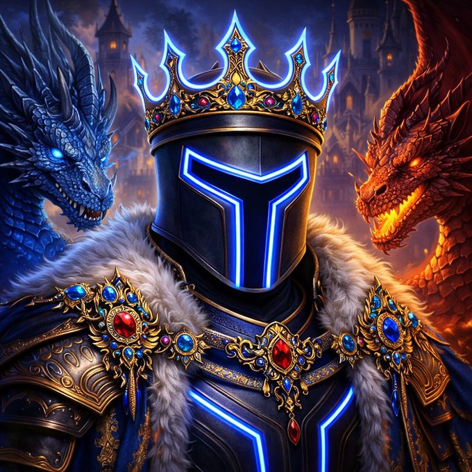 A fantasy knight in ornate dark armor with glowing blue accents and a jeweled crown, flanked by an ice dragon on the left and a fire dragon on the right.