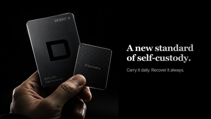 A hand holds two black cards—the "DCENT S" hardware wallet featuring a stylized "D" logo with "Start safe, Stay in control" text, and a smaller "R3covery" card—alongside the tagline "A new standard of self-custody. Carry it daily. Recover it always," promoting DCENT's battery-free NFC crypto wallet and recovery card bundle.