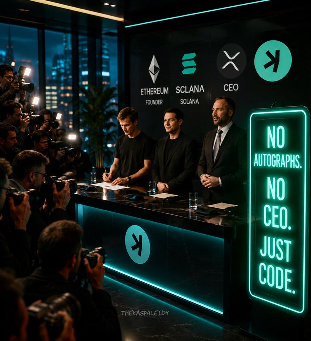 A satirical image of a crypto press conference featuring three men at a podium labeled 'ETHEREUM FOUNDER', 'SOLANA', and 'CEO', with a neon sign reading 'NO AUTOGRAPHS. NO CEO. JUST CODE.' and a watermark 'THEKASPALEIDY'.