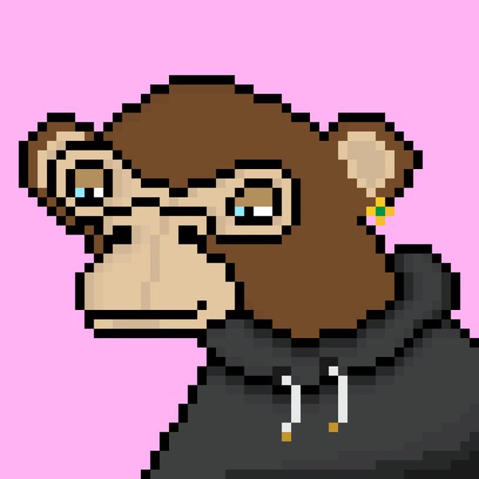 A pixel art illustration of a brown monkey character wearing a dark grey hoodie and a yellow earring, set against a solid pink background.