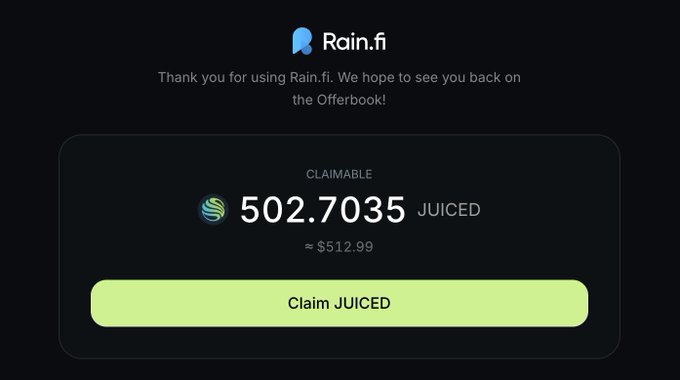 The image shows a screenshot from an app that displays information about a successful rainforest payment, stating that the payment has been JUICED. The message also mentions that users can claim their reward as soon as they wish. The text at the bottom of the screen provides more details about how to make use of this offer and emphasizes that the app is still in operation.