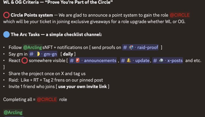 A Discord announcement outlining 'WL & OG Criteria — "Prove You're Part of the Circle"' with a Circle Points system and Arc Tasks checklist including following @Arcling on Twitter/X, daily greetings, reactions, raids, and friend invites to earn the @CIRCLE role.