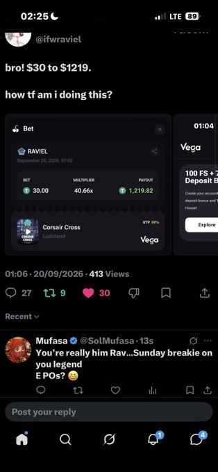 A Twitter post by @ifwraviel sharing the bet screenshot with the caption 'bro! $30 to $1219. how tf am i doing this?', with a reply from Mufasa @SolMufasa saying 'You're really him Rav...Sunday breakie on you legend EPOS?'.