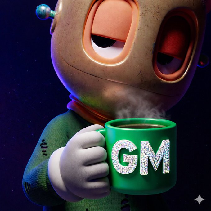 A 3D-rendered robot character with a tired expression holding a steaming green mug decorated with rhinestones that reads 'GM'.