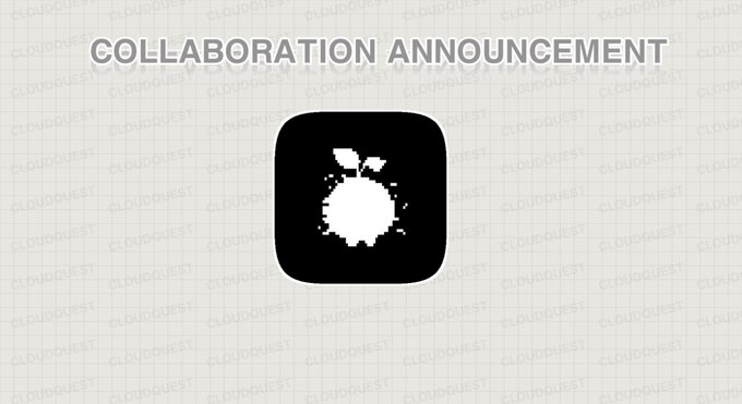 A "COLLABORATION ANNOUNCEMENT" graphic featuring the GLRTCH logo—a pixelated white apple on a black rounded-square background—set against a light grid with Cloud Quest watermarks, visually representing the partnership between Cloud Quest and the GLRTCH digital organism collection on the Robinhood blockchain.
