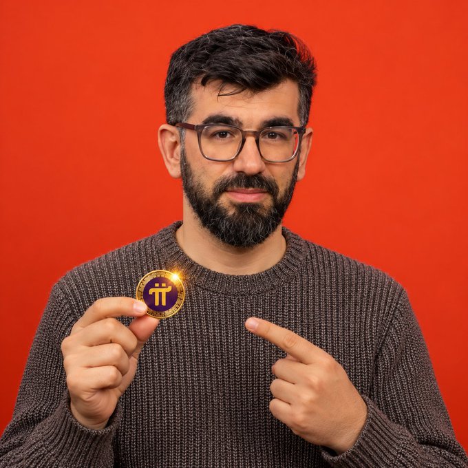 A man with glasses and a beard wearing a brown sweater against a red background, holding a gold Pi Network cryptocurrency coin while pointing at it.