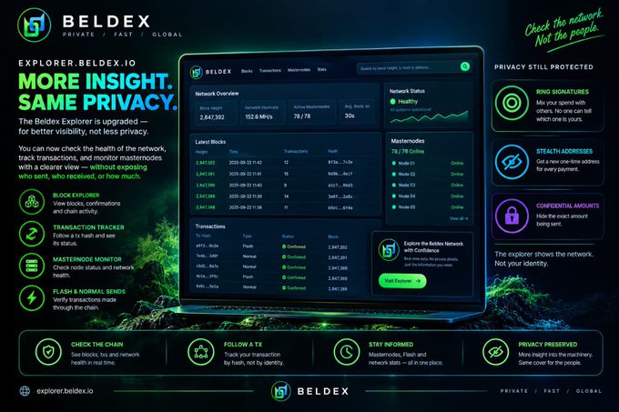 A promotional graphic for 'BELDEX' blockchain explorer with the tagline 'MORE INSIGHT. SAME PRIVACY,' featuring a dark dashboard interface with network statistics and features like Block Explorer, Transaction Tracker, and Ring Signatures.