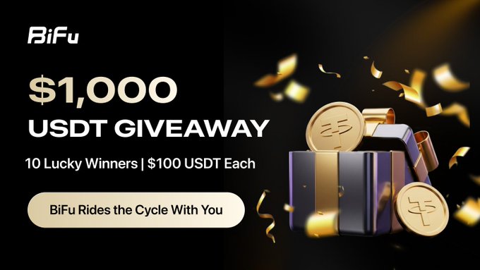 This image advertises a "$1,000 USDT GIVEAWAY" from BiFu, with 10 lucky winners receiving $100 USDT each. The visual of a gift box overflowing with USDT coins and confetti directly relates to the giveaway promotion.