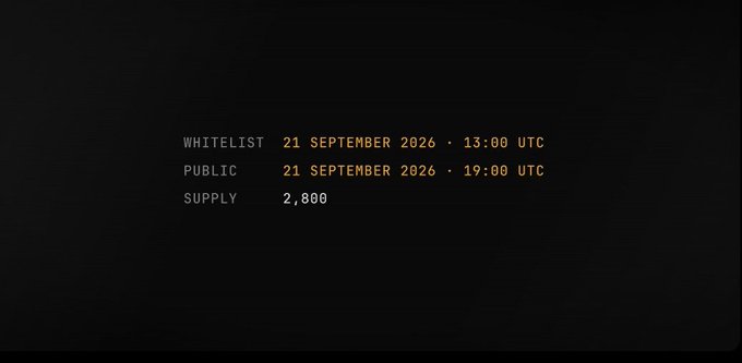 A dark screen displays mint/sale information: WHITELIST 21 SEPTEMBER 2026 · 13:00 UTC, PUBLIC 21 SEPTEMBER 2026 · 19:00 UTC, with a SUPPLY of 2,800.