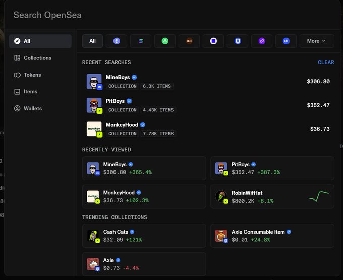 OpenSea search interface showing recent searches including MineBoys ($306.80), PitBoys ($352.47), and MonkeyHood ($36.73), along with trending collections like Cash Cats and Axie Consumable Item.