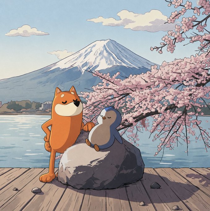 A cute anime-style illustration of an orange dog and a small penguin standing on a rock by a lake, with cherry blossom trees and a snow-capped Mount Fuji in the background.