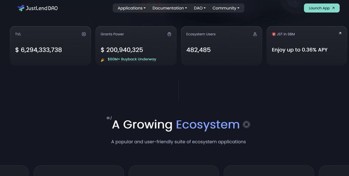 The image displays a screenshot of a dashboard for the JustLendDAO application. The dashboard shows various applications such as user profiles, transactions, and more detailed information about the user's activity within the application. In addition to these features, there are two options available in the app that seem particularly interesting: "Grants Power" (which is a type of cryptocurrency) and "Boards". These options suggest that users can obtain power from the application or participate in board meetings for more in-depth decision-making processes. The post mentions an increase in user adoption, with over 1,000 people using JustLendDAO so far. This growth demonstrates increased interest among users as the application continues to grow and expand its influence within the tron DeFi ecosystem.
