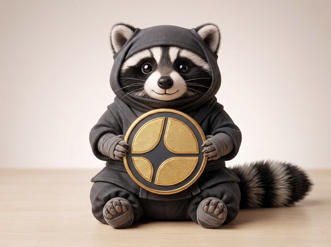 A cute digital illustration of a raccoon wearing a dark gray hooded outfit, sitting on a wooden floor while holding a gold and black circular medallion with a cross design.