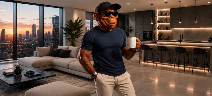 An image showing an orangutan wearing a cap, sunglasses, and a blue shirt, holding a mug in a modern apartment overlooking a city at sunset.