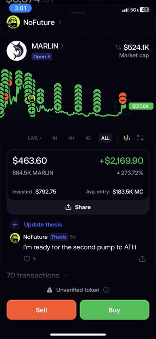 A mobile crypto trading app shows the MARLIN token at $463.60 (+273.72%) with a $524.1K market cap and a thesis update reading 'I'm ready for the second pump to ATH' from user NoFuture.