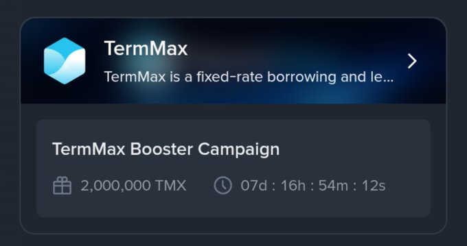 A TermMax Booster Campaign card on Binance Wallet shows a 2,000,000 TMX reward pool with 7 days, 16 hours, 54 minutes, and 12 seconds remaining, tied to a social task mission with answers A, B, A, C, A for first 80,000 users.