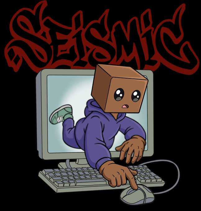 Cartoon-style graphic with red graffiti-style 'SEISMIC' text above an illustration of a character with a cardboard box head and big eyes crawling out of a computer monitor to use a keyboard and mouse.