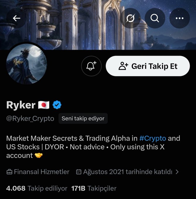 A screenshot of an X (formerly Twitter) profile page for "Ryker" (@Ryker_Crypto), showing a verified account with 4,068 followers and 171K following, displaying the bio "Market Maker Secrets & Trading Alpha in #Crypto and US Stocks | DYOR • Not advice • Only using this X account," which the accompanying post uses to highlight that a controversial Turkish crypto account is now following them.