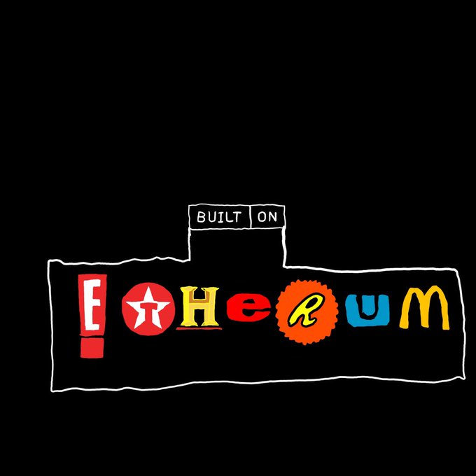 The image displays a hand-drawn "Built on Ethereum" logo, where each letter of "Ethereum" is creatively styled after well-known brand logos (including Pepsi, Warner Bros., Hobby Lobby, Laughing Cow, and McDonald's). It serves as a nostalgic tribute to Ethereum's vibrant early community culture, marking the 11th anniversary of the network's launch.