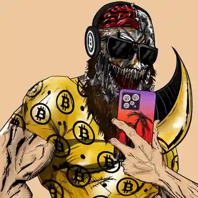 A digital illustration of a muscular figure with an exposed brain and beard, wearing sunglasses and a Bitcoin-patterned shirt, taking a selfie with an iPhone.