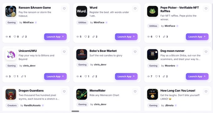 A mobile view of the EmberHub app gallery displaying game tiles including 'Ransom $Ansem Game', 'Wurd', 'Pepe Picker', 'UnicornUWU', and 'Bobo's Bear Market'.