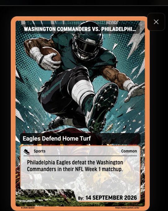 Digital trading card for the NFL game between Washington Commanders vs. Philadelphia Eagles, captioned 'Eagles Defend Home Turf,' showing Philadelphia defeating Washington in NFL Week 1, dated 14 September 2026.