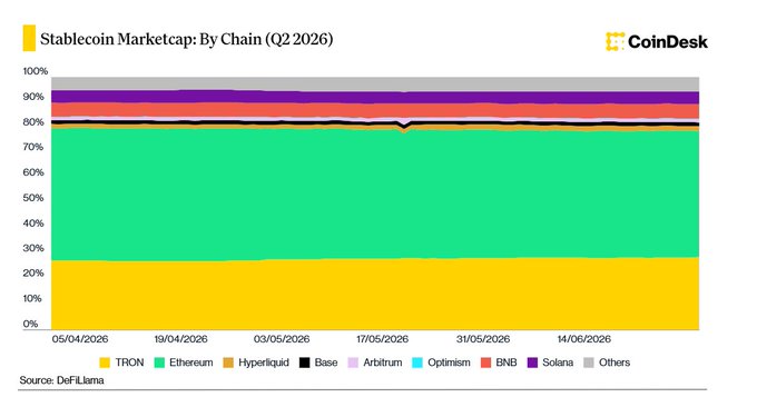 A CoinDesk stacked area chart titled "Stablecoin Marketcap: By Chain (Q2 2026)" shows TRON (yellow) holding roughly 25-28% of the stablecoin market cap from early April to mid-June 2026, with TRON's share visibly increasing to approximately 28.7% by late June, reinforcing its leading position ahead of Ethereum (green) at around 50% and smaller chains like Hyperliquid, Base, Arbitrum, Optimism, BNB, and Solana.