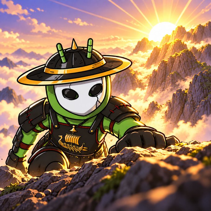 An anime-style illustration of a green alien wearing samurai-style armor and a wide-brimmed hat, with a golden ship emblem, climbing a rocky mountain at sunrise.