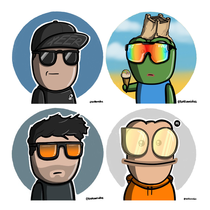A four-panel illustration by @BoldLeonidas featuring cartoon avatars—including one wearing an "XEER" cap and another with "PIT VIPER" sunglasses—representing popular NFT profile picture (PFP) collections like Xeer, Maverick, and Mo, which he has historically drawn comics about. The artwork appears to be a teaser for @boldpfps, a new PFP collection he introduced on March 5, 2024.