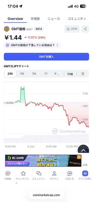The image features a screenshot of a smartphone displaying information related to a cryptocurrency market platform. The screen primarily displays a graph showing the trading price of a specific digital currency over time, as well as various details about the platform itself. There are also icons in both Japanese and English on the device's home screen, indicating that this is most likely an app designed for a global user base. The post in question encourages people to "step up" and engage with the content shared by their fellow users, potentially discussing or learning more about the subject matter of the cryptocurrency market platform displayed on their phone.