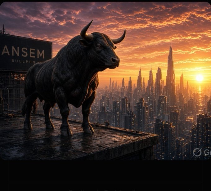 A muscular black bull stands on a rooftop overlooking a sprawling cityscape at sunset, alongside a sign displaying "ANSEM BULLPEN." The image visually reinforces the post's theme of quiet, steady building—the bull symbolizing strength and momentum while the cityscape suggests a grand vision taking shape, mirroring the message about patient work behind the scenes.