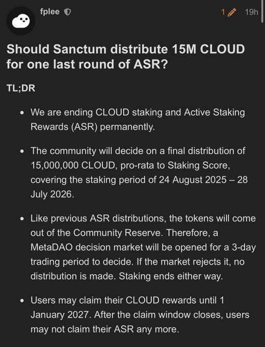 A social media post by user 'fplee' asking the community if Sanctum should distribute 15M CLOUD for one last round of ASR, with details about ending staking rewards.
