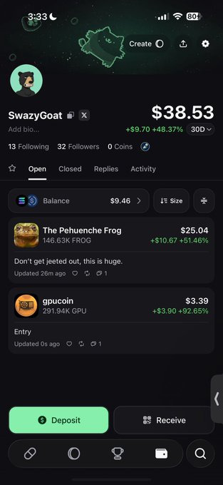 The image shows a trading profile screenshot for "SwazyGoat" displaying a $38.53 portfolio balance with a +48.37% gain, highlighting holdings in "The Pehuenche Frog" ($25.04, +51.46%) and "gpucoin" ($3.39, +92.65%). The screenshot visually supports the post's "$25>$500 Challenge" narrative by showing early portfolio progress with significant percentage gains on the listed meme coins.