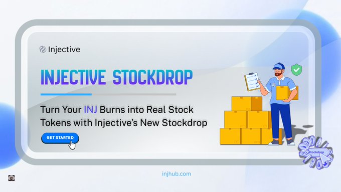 Promotional graphic for 'INJECTIVE STOCKDROP' by Injective, inviting users to turn their INJ burns into real stock tokens via injhub.com.