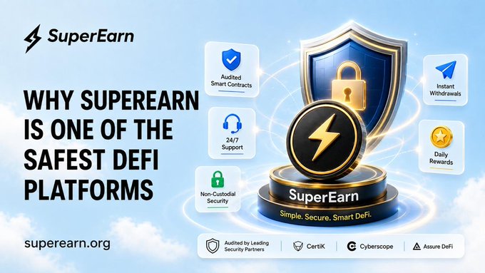 A promotional graphic for 'SuperEarn' cryptocurrency titled 'WHY SUPEREARN IS ONE OF THE SAFEST DEFI PLATFORMS', featuring icons for 'Audited Smart Contracts', '24/7 Support', 'Instant Withdrawals', and 'Daily Rewards'.