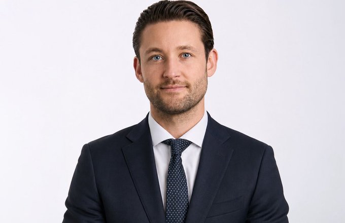 A professional headshot shows a man with short brown hair and a beard, wearing a dark suit, white shirt, and dark blue polka-dot tie against a plain white background.