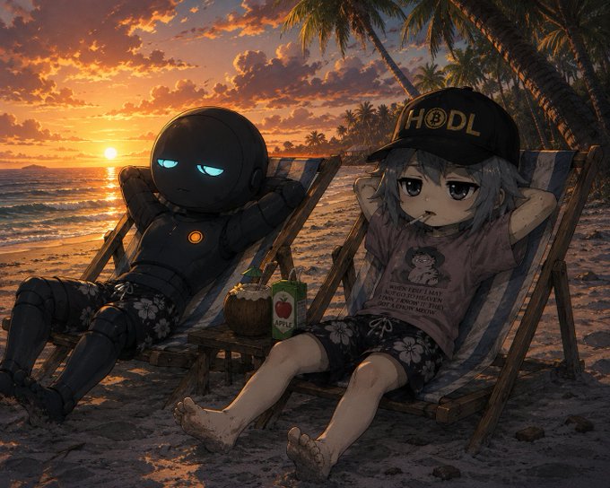 An anime-style illustration of a robot and a girl in a 'HODL' cap relaxing on beach chairs with drinks at sunset in a tropical setting.