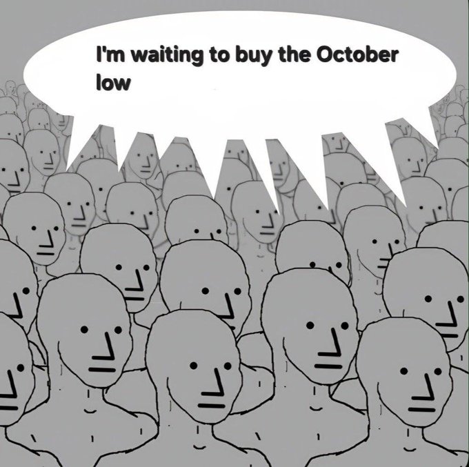 A 'NPC meme' cartoon showing a crowd of identical gray faces, with one speaking a speech bubble saying, 'I'm waiting to buy the October low.'