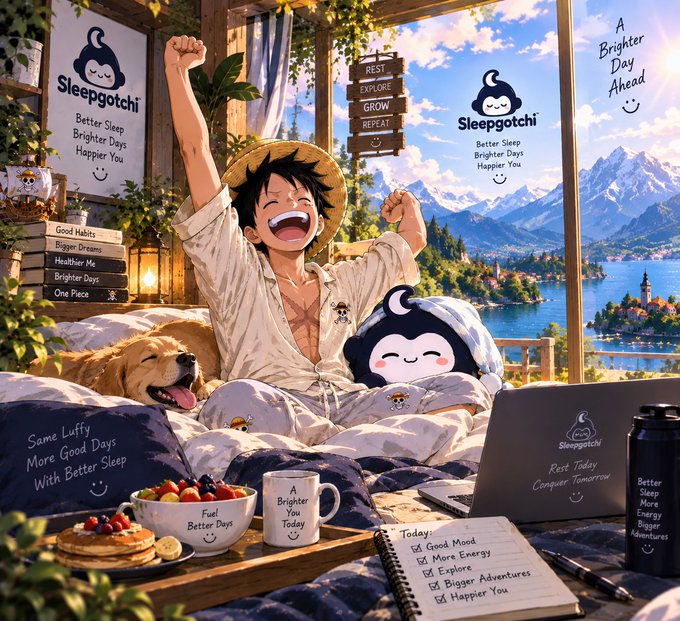 An anime-style illustration shows a person joyfully waking up in bed with a dog and plush toy, surrounded by 'Sleepgotchi' branding promoting 'Better Sleep, Brighter Days, Happier You.'