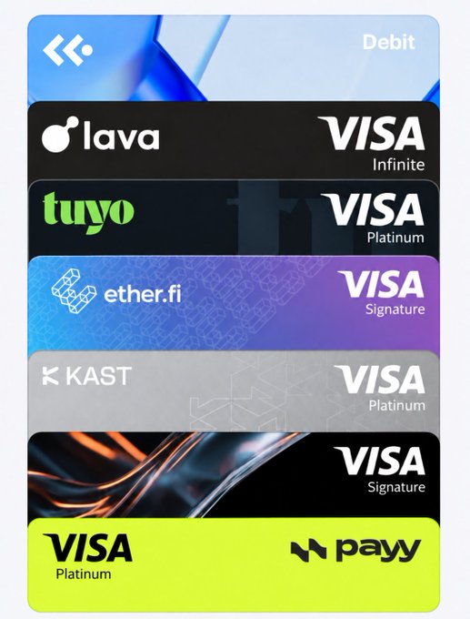 A mobile app screen displaying various Visa debit card options including Lava, Tuyo, ether.fi, KAST, and Payy.