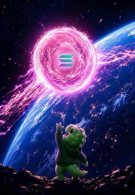 A green lizard-like creature in a hoodie stands on a rocky surface waving at a swirling pink energy portal in space above Earth, which displays the Solana logo.