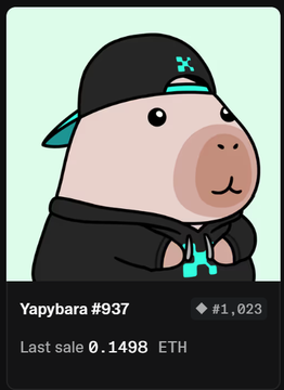 An NFT listing card displaying a cartoon capybara wearing a black backwards cap and hoodie, labeled 'Yapybara #937' with a last sale price of 0.1498 ETH and rank #1,023.
