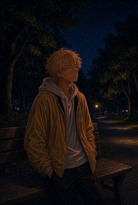 An anime-style digital illustration showing a young man with messy blond hair wearing a yellow jacket over a gray hoodie, sitting on a wooden bench and looking upward under a starry night sky.