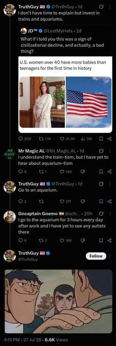 A screenshot of a Twitter thread from TruthGuy (@TruthGuy_) joking about investing in trains and aquariums, with replies from users and a Space Ghost cartoon at the bottom, dated 4:15 PM, 27 Jul 26 with 6.6K views.